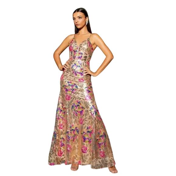 Dear Moon Dresses Dear Moon Floral Sequin Corset Lace-Up Back Long Dress Sz 1 - Picture 1 of 8